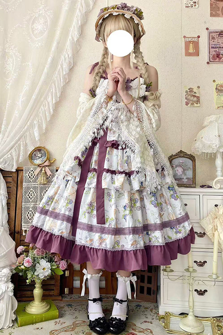 [Blueberry Early Summer] Sleeveless Triple-Layered Print Ruffle Bowknot Lace Sweet Lolita Jsk Dress 2 Colors