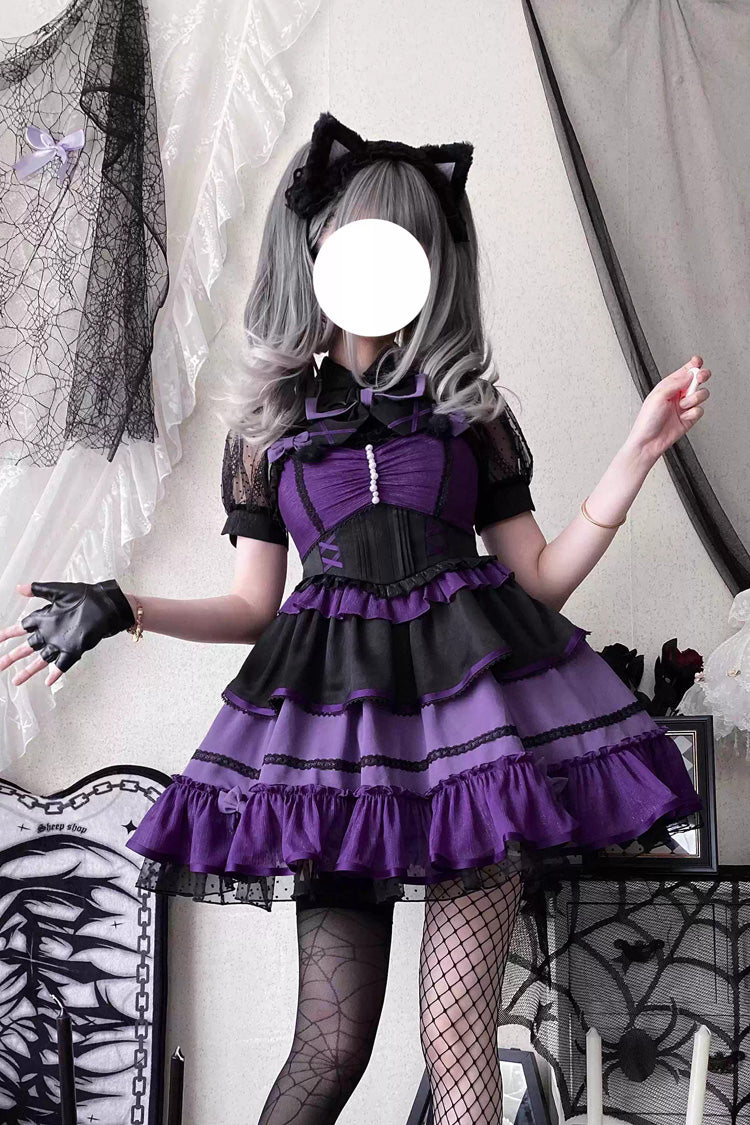 Black/Purple [Cotton Cloud] Lapel Collar Ruffle Bowknot Lace-Up Gothic Lolita Jsk Dress