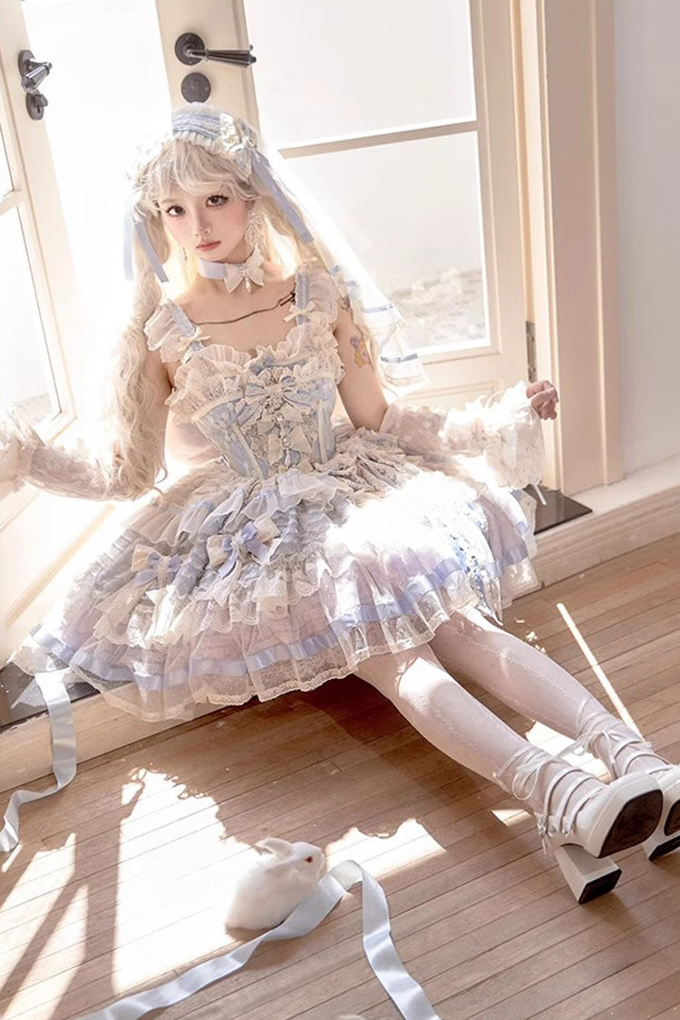 Blue [Moonstone] Sleeveless Ruffle Embroidery Bowknot Lace Fishbone Sweet Princess Lolita Dress