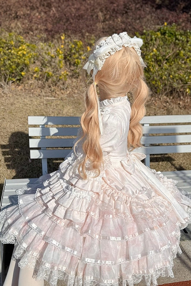 Pink [The Soloist Doll] Long Hime Sleeves Multi-Layered Print Ruffle Bowknot Asymmetric Sweet Lolita Dress
