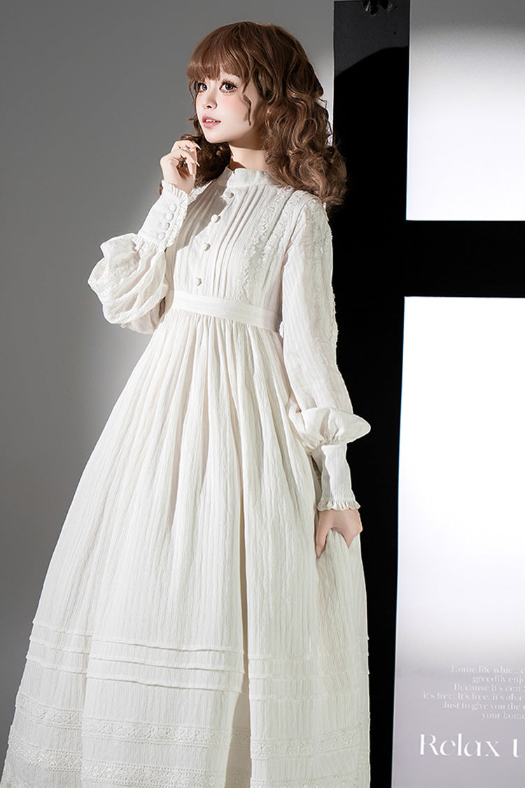 White [Quiet Place] Long Sleeves Jacquard Ruffle Embroidery Bowknot Gothic Lolita Dress
