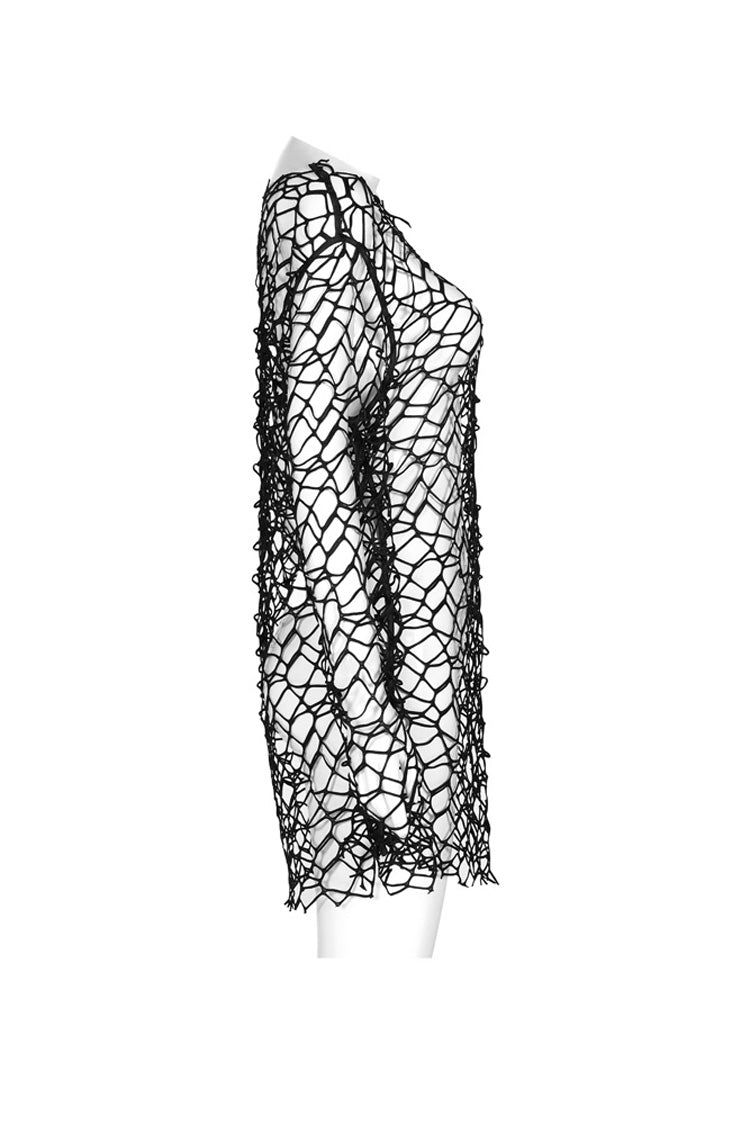 Schwarzes langärmliges Punk-T-Shirt für Damen mit großem Rundkragen und großem Netzstoff