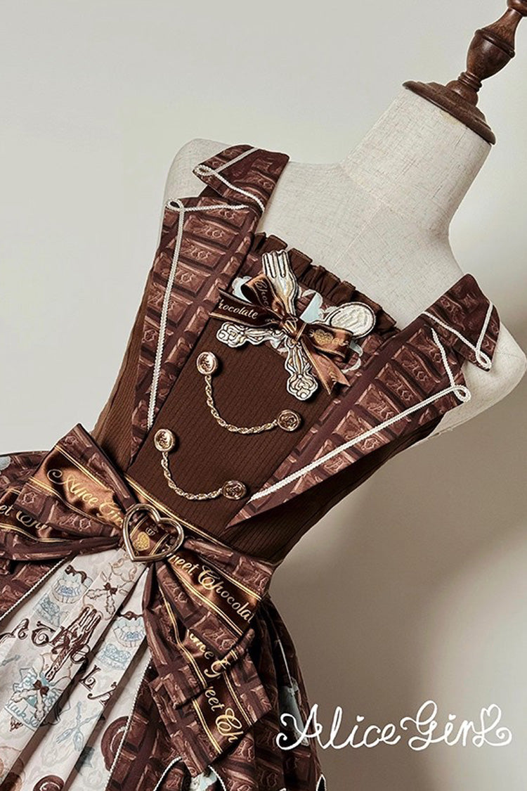 Brown [Teddy Bear Chocolate] Sleeveless Print Ruffle Bowknot Sweet Lolita Jsk Dress
