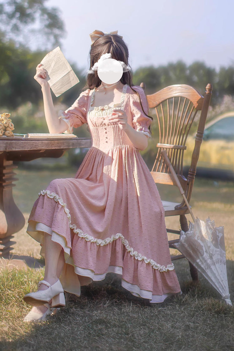 Pink Square Collar Short Puff Sleeves Ruffle Embroidery Sweet Elegant Lolita Dress