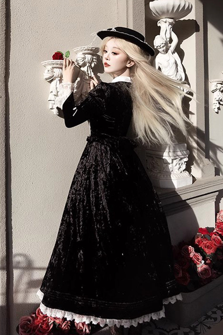 Black [Whispering Castle] Long Sleeves Ruffle Bowknot Lace Gothic Lolita Dress