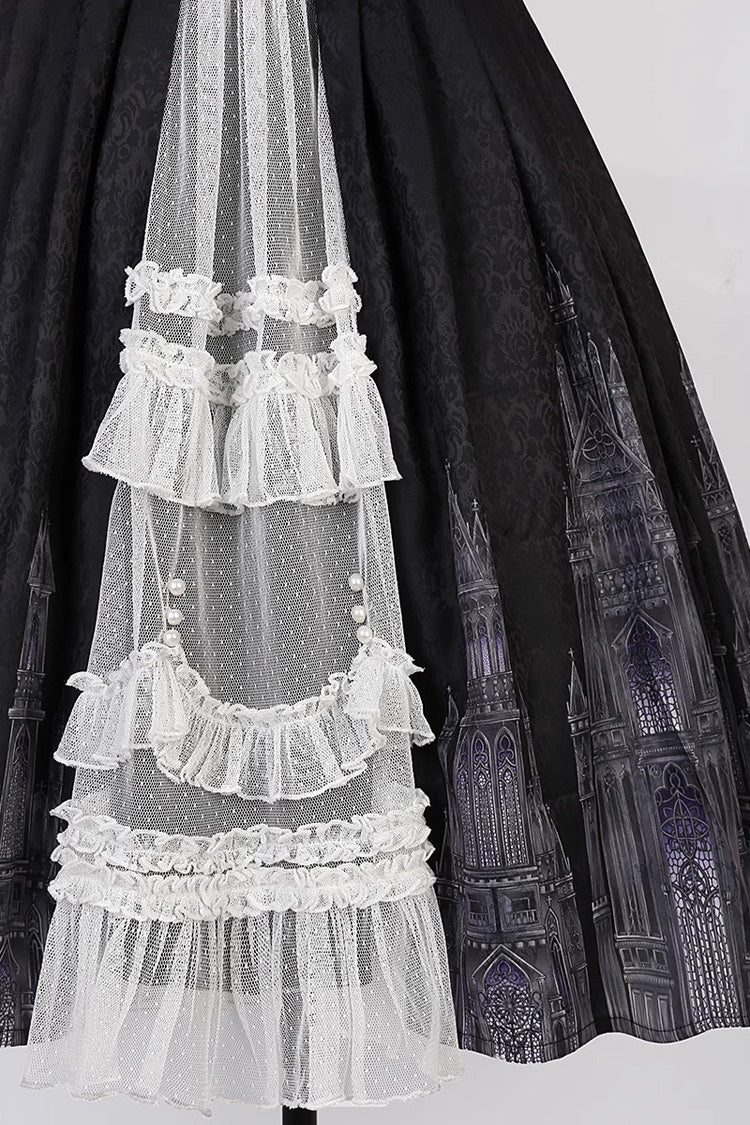 Schwarzes ärmelloses Gothic Vintage Lolita Jsk Kleid mit Spitze und Print