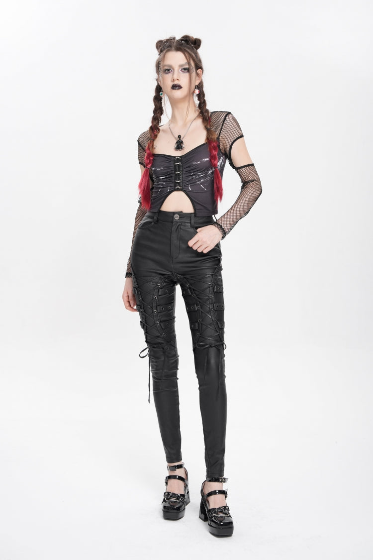 Black Lace-Up Eyelet Straps Women's Punk Pants