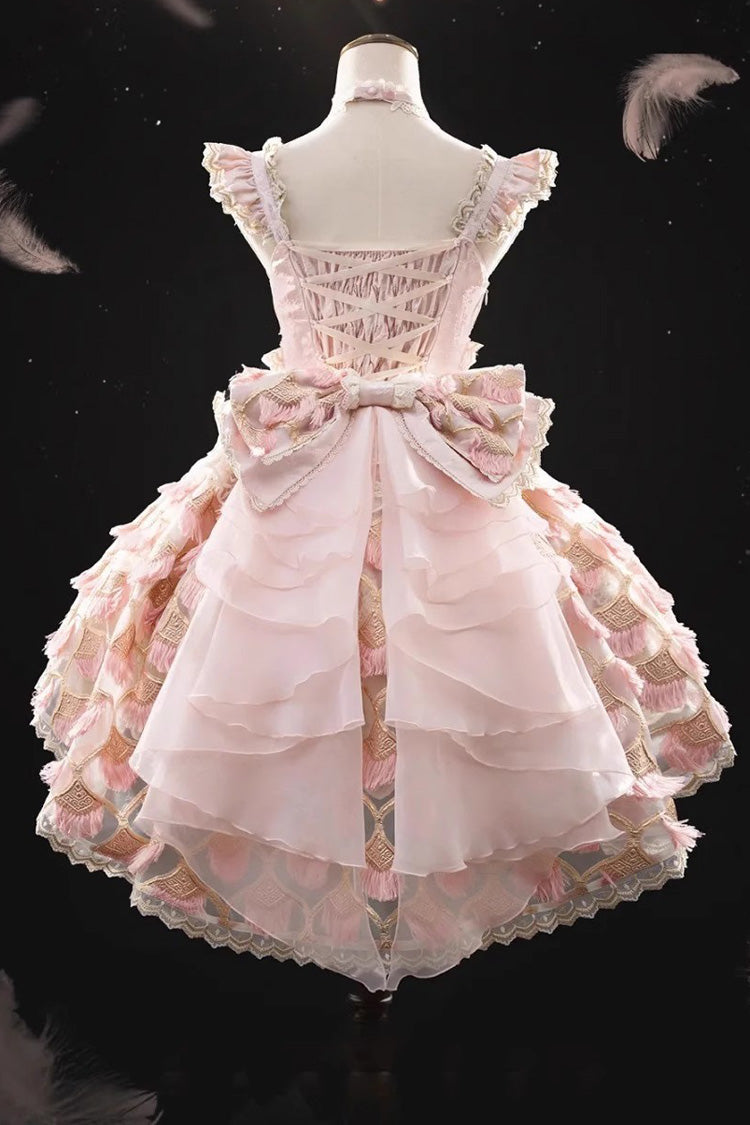 Pink [Peacock Feather] Multi-Layered Ruffle Hanayome Cardigan Bowknot Lace Sweet Lolita Jsk Dress Set