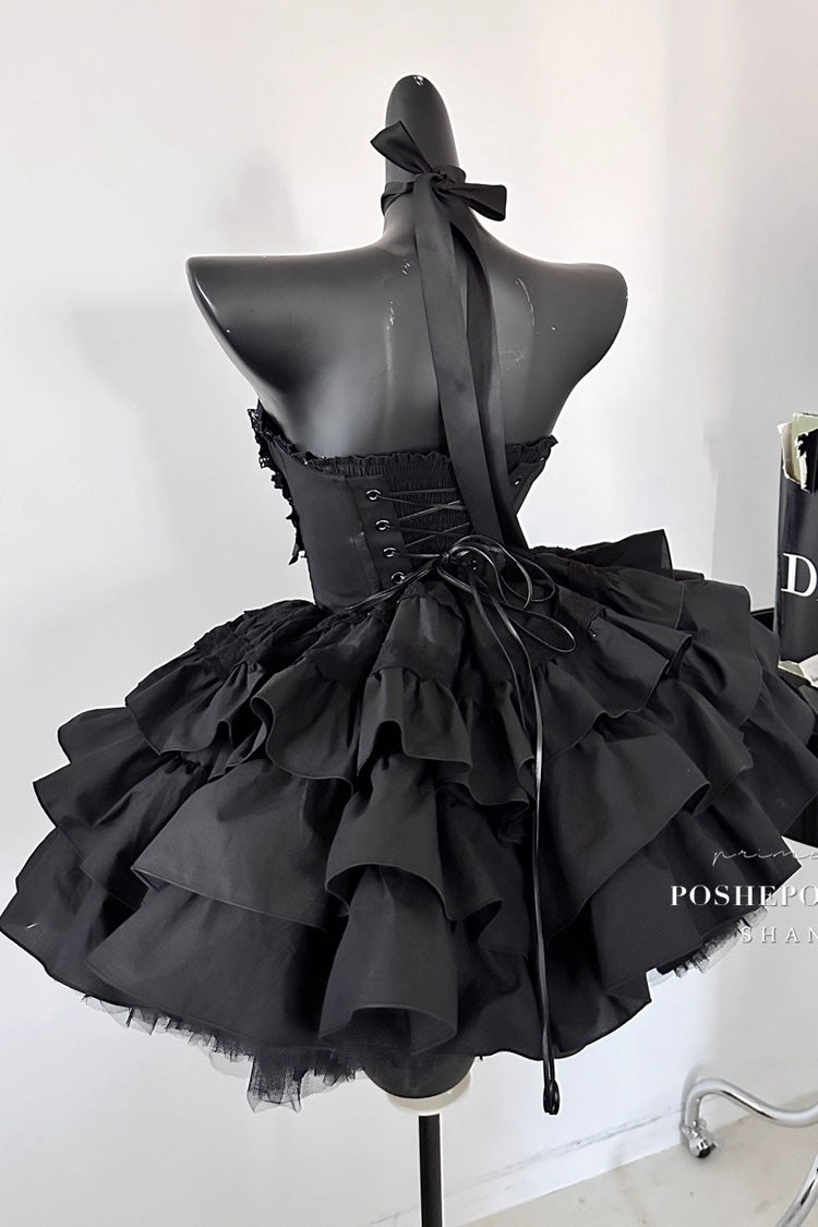 Black Sleeveless Triple-Layered Ruffle Bowknot Lace Gothic Princess Lolita Dress