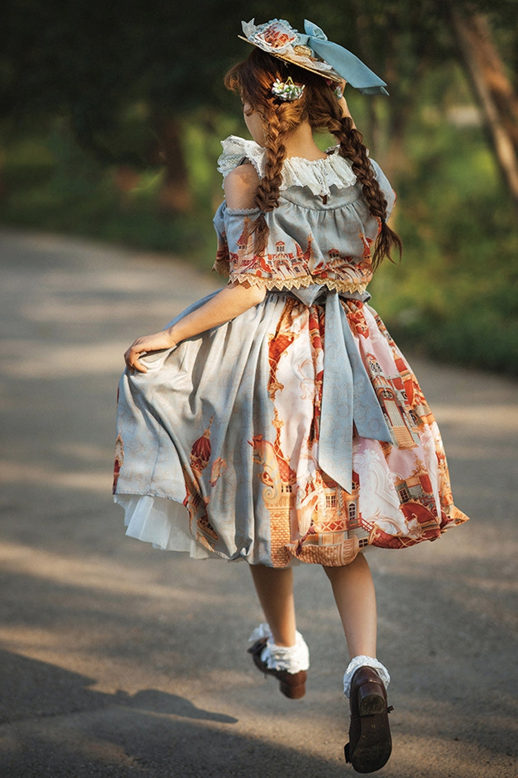 Multi-Color European Architectural Oil Painting Print Off Shoulder Short Sleeves Bowknot Sweet Lolita Dress
