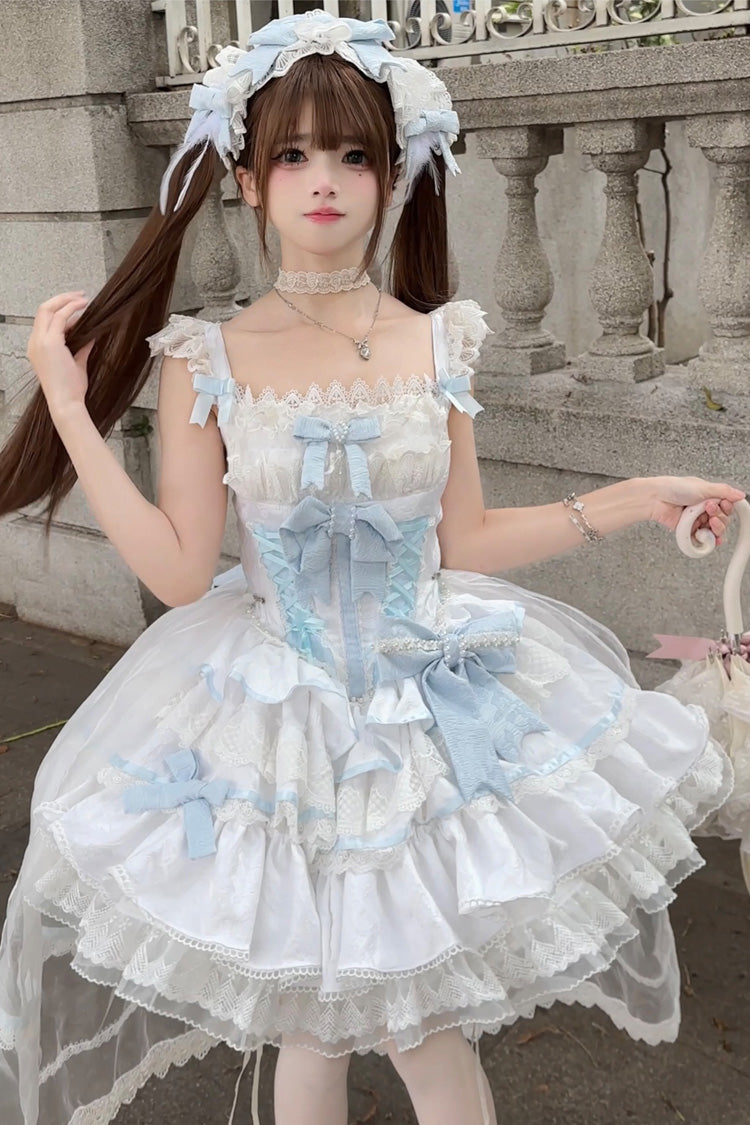 Bleu/Blanc [Nuages et Brume] Robe Lolita Jsk Princesse Douce à Volants Multi-Couches avec Nœud Papillon en Dentelle 