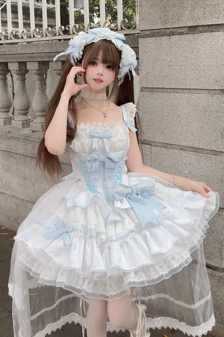 Bleu/Blanc [Nuages et Brume] Robe Lolita Jsk Princesse Douce à Volants Multi-Couches avec Nœud Papillon en Dentelle 