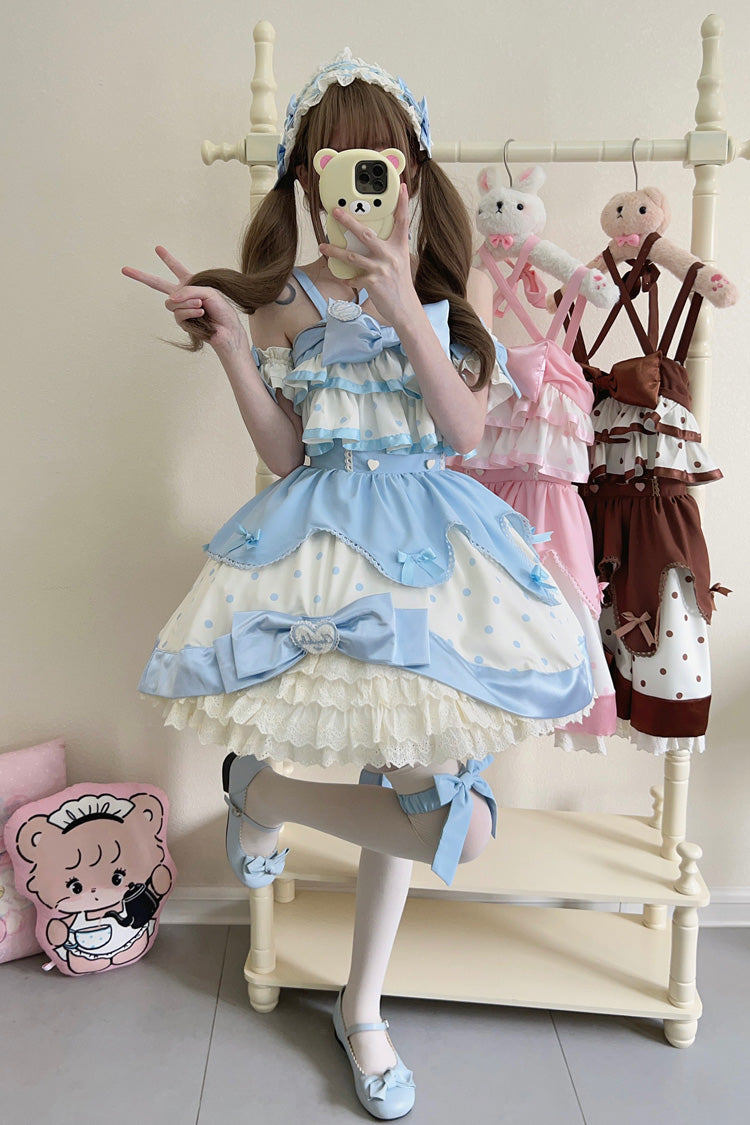 Blue Cream Multi-Layered Polka Dots Print Ruffle Bowknot Sweet Lolita Jsk Dress
