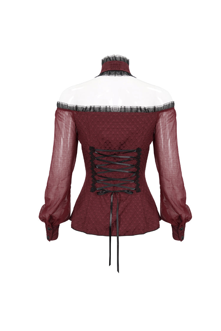 Red Lace Trim Panel Adjustable Back Long Sleeve Women's Gothic Shirt
