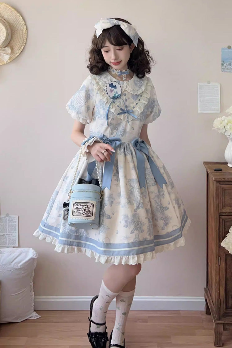 Blue [Grape Moon Almanac] Short Sleeves Multi-Layered Printed Ruffled Bow Sweet Lolita Dress