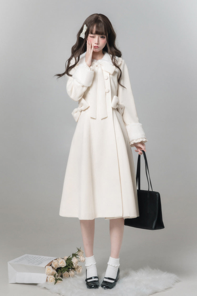 Weißer [Erster Schnee] Puppenkragen, lange Ärmel, Schleife, süßer Lolita-Mantel