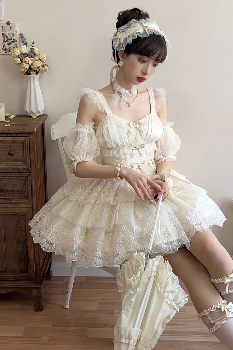 Ivory [Tidal] Triple-Layered Ruffle Bowknot Sweet Lolita Skirt 2 Versions