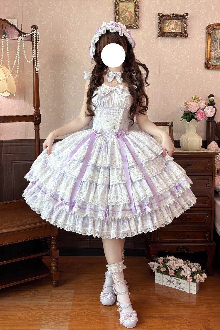 Robe Lolita douce violette à col carré, manches flottantes, nœud imprimé multicouche en dentelle, coupe cintrée, violet