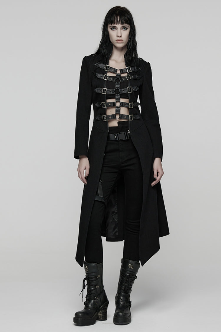 Schwarzer Stehkragen Langarm Schnürung Mesh Schnalle Damen Punk Mantel 