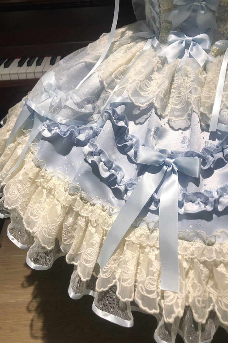Blue [Dreaming Butterfly] Multi-Layered Jacquard Ruffle Bowknot Lace Sweet Princess Lolita Jsk Dress