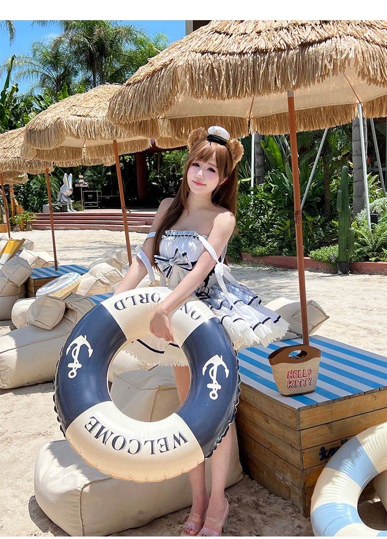 Blue/White [Sailing Love] Navy Collar Sleeveless Plaid Print Ruffle Bowknot Sweet Lolita Dress