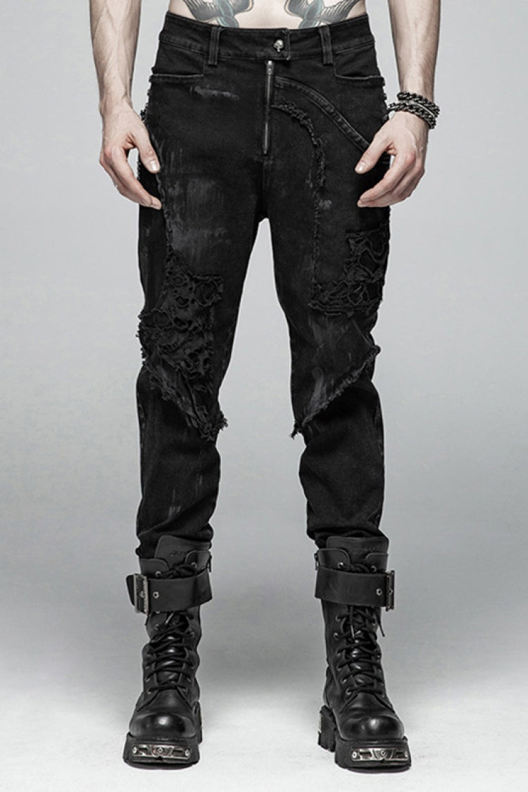 Black Ripped Men's Steampunk Straight-Leg Jeans Pants