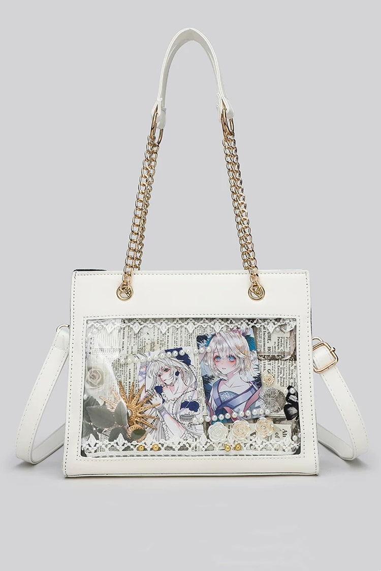 Weiße japanische Street-Style-Damen-Tote-Ita-Tasche mit durchsichtiger Fensterkette und Dekor