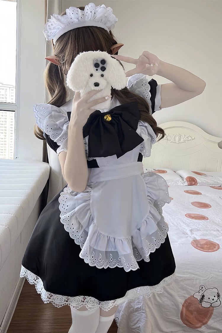 Maid Short Sleeves Ruffle Bowknot Sweet Plus Size Lolita Dress Full Set 2 Colors