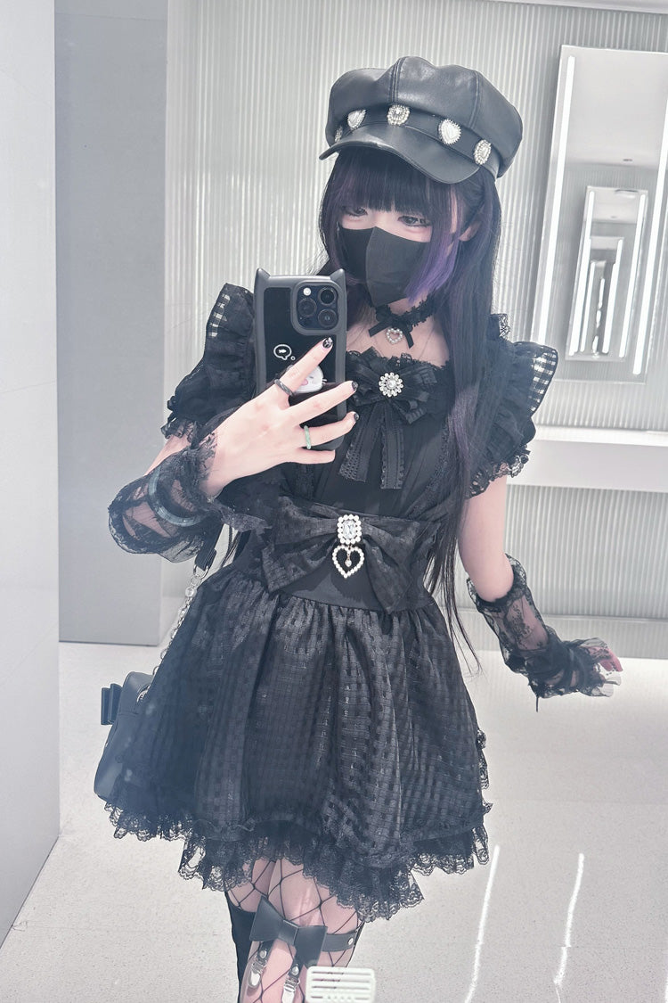 Black Ruffle Hollow Bowknot Lace Jirai Kei Japanese Skirt