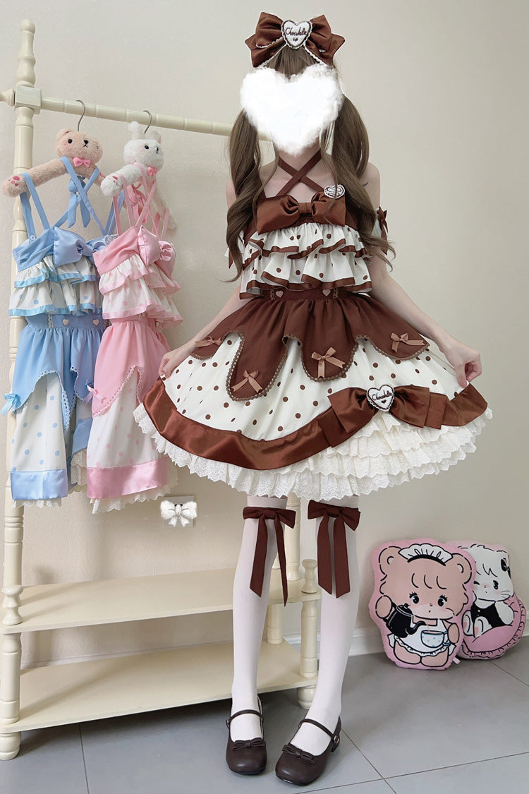 Chocolate Brown Cream Multi-Layered Polka Dots Print Ruffle Bowknot Sweet Lolita Jsk Dress