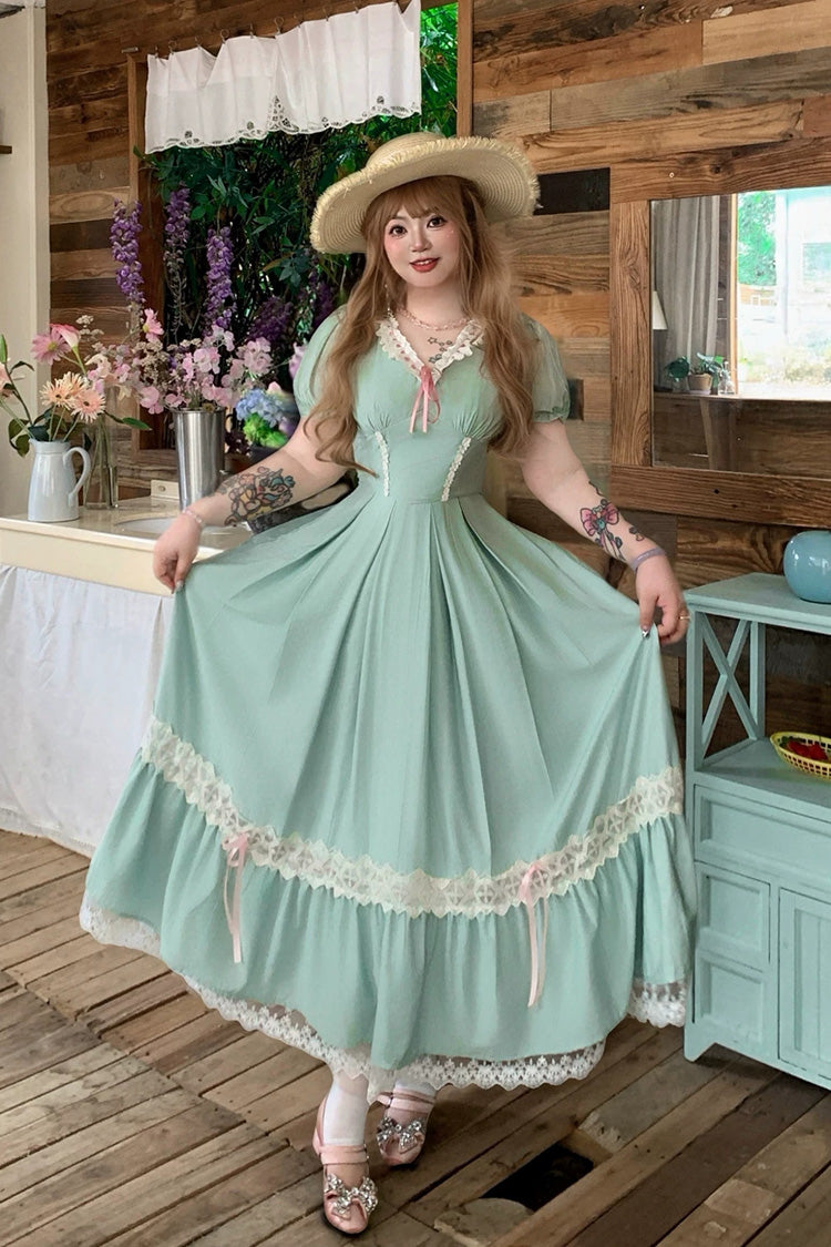 Grünes süßes Lolita-Kleid mit V-Kragen und kurzen Ärmeln und gerüschter Spitze in Übergröße