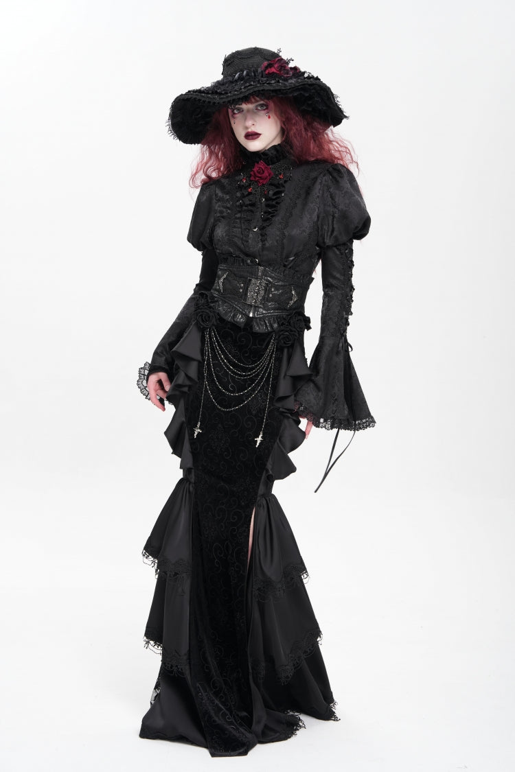Black Floral Print Lace-Up Rose Chain Women's Gothic Fishtail Skirt