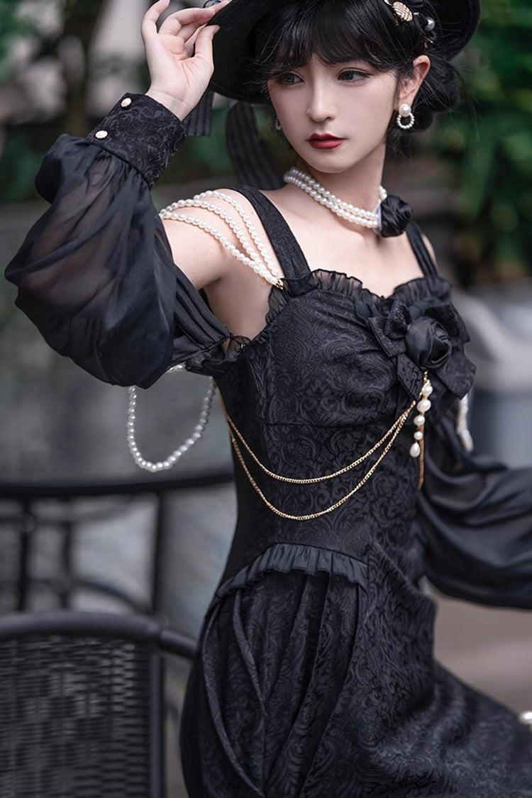Black [Camellia 1.0] Sleeveless Jacquard Ruffle Lace Gothic Chinese Style Lolita Jsk Fishtail Dress