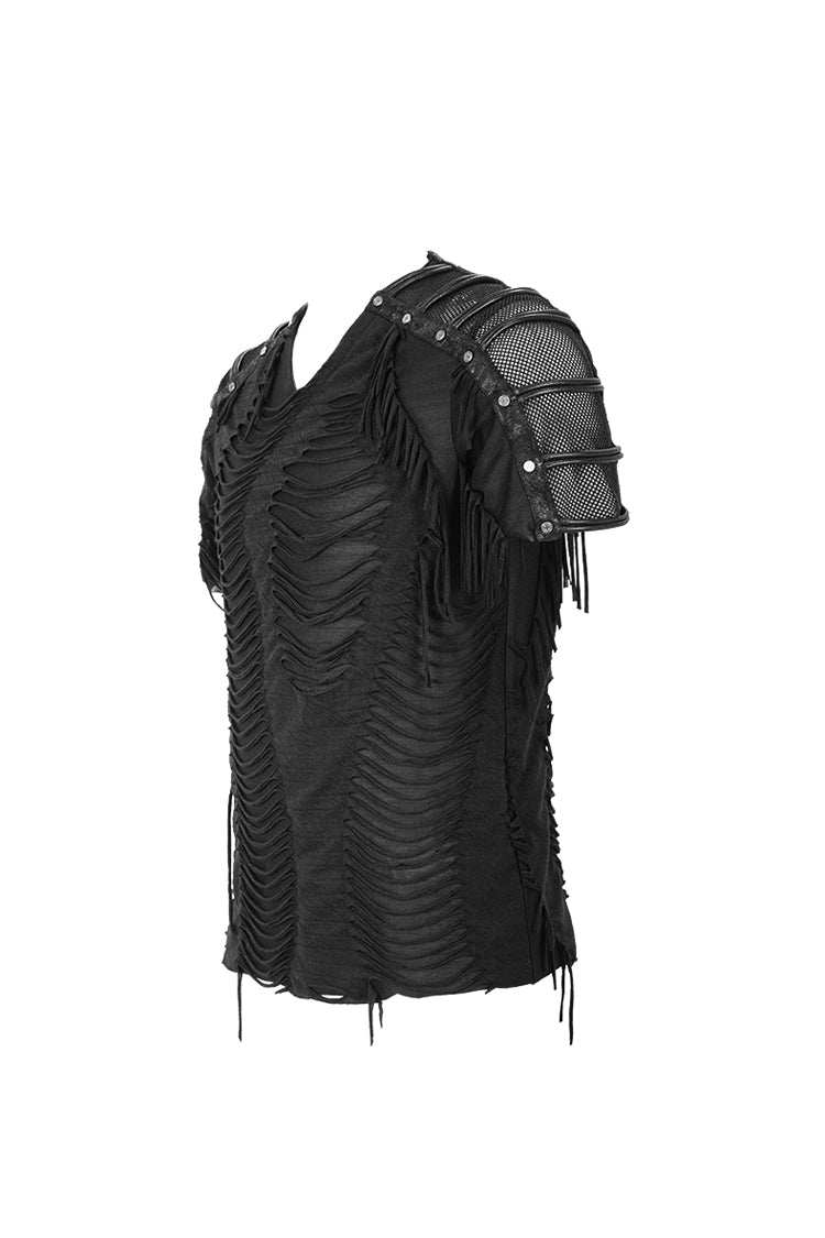 Black Tattered Striped Shoulder Splice Mesh Short Sleeve Men's Punk T-Shirt