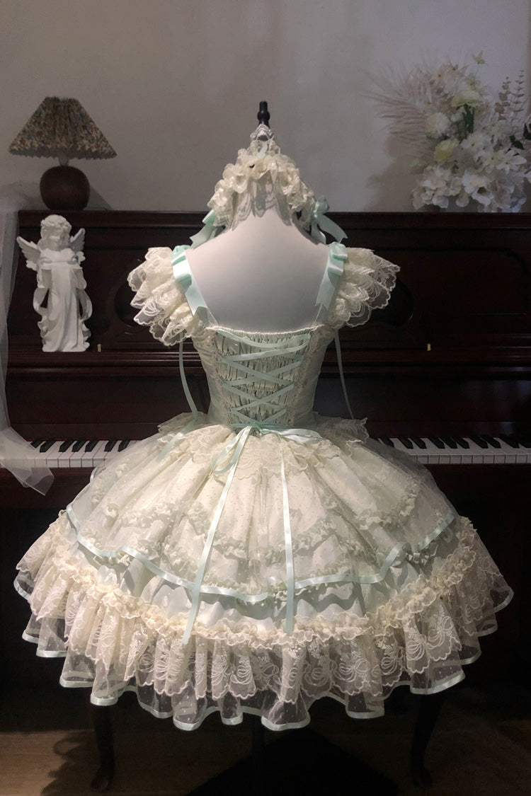 Light Green [Dreaming Butterfly] Multi-Layered Jacquard Ruffle Bowknot Lace Sweet Princess Lolita Jsk Dress