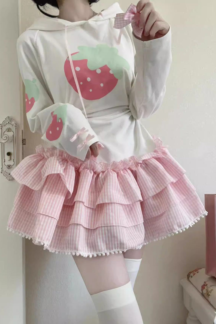 White/Pink Long Sleeves Triple-Layered Strawberry Print Hooded Sweet Lolita Dress