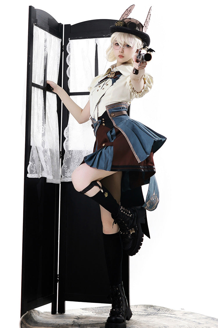 [Conducteur de Train de la Ville des Fées] Ensemble Jupe Lolita Punk Élégant à Manches Courtes avec Broderie de l'Académie Britannique 
