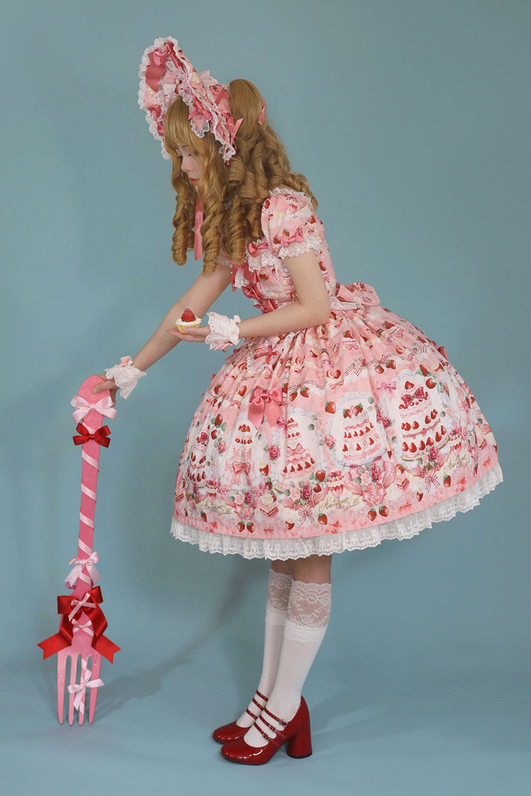 [Strawberry Cake Bouquet] Print Square Collar Short Sleeves Bowknot Lace Sweet Lolita Dress 3 Colors