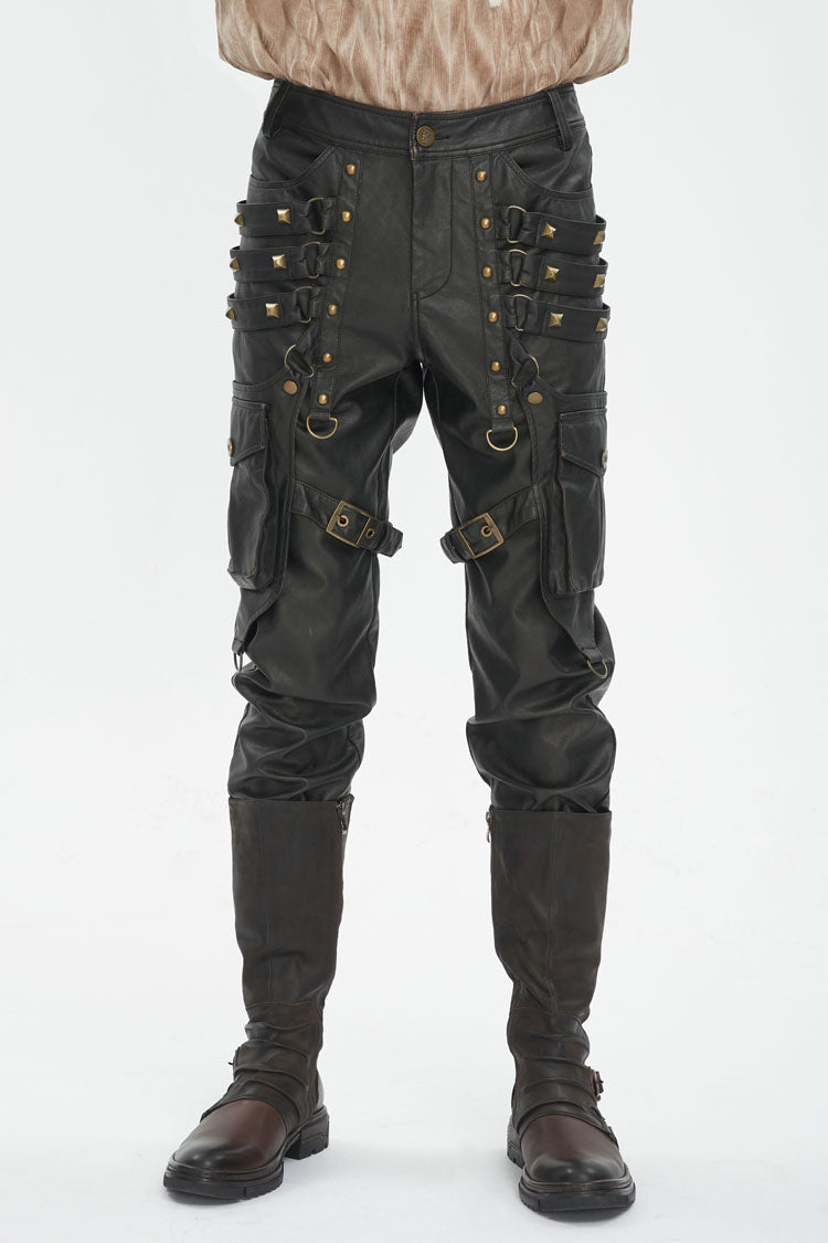 Black Big Pocket Bronze Studded Faux Leather Men's Gothic Pants