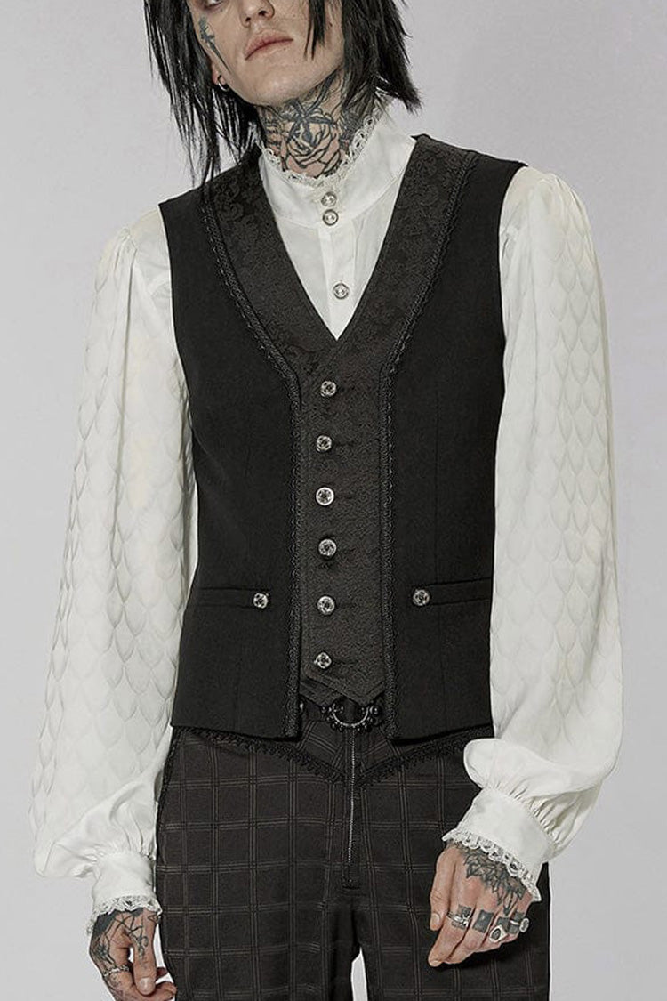 Black Punk Jacquard V-Neck Stitching Three Dimensional Engraving Hand Sewn Button Lace Short Men's Vest