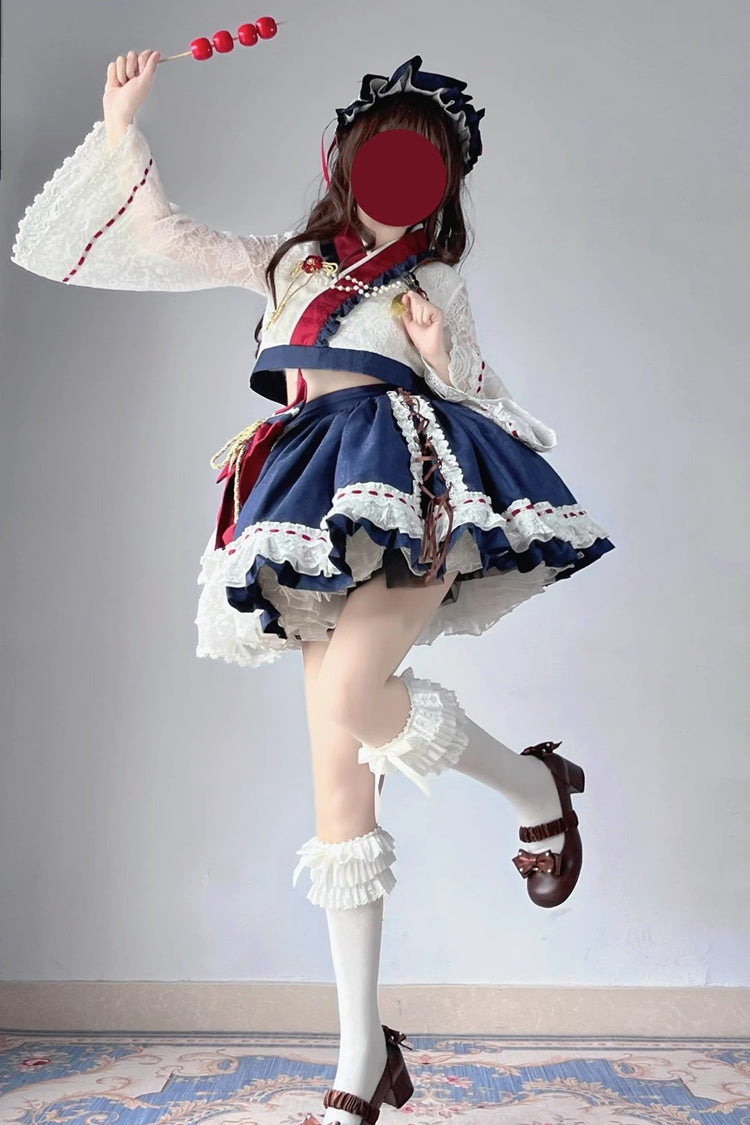Red/White/Blue Hime Sleeves Ruffle Bowknot Japanese Princess Sweet Lolita Dress Skirt Set