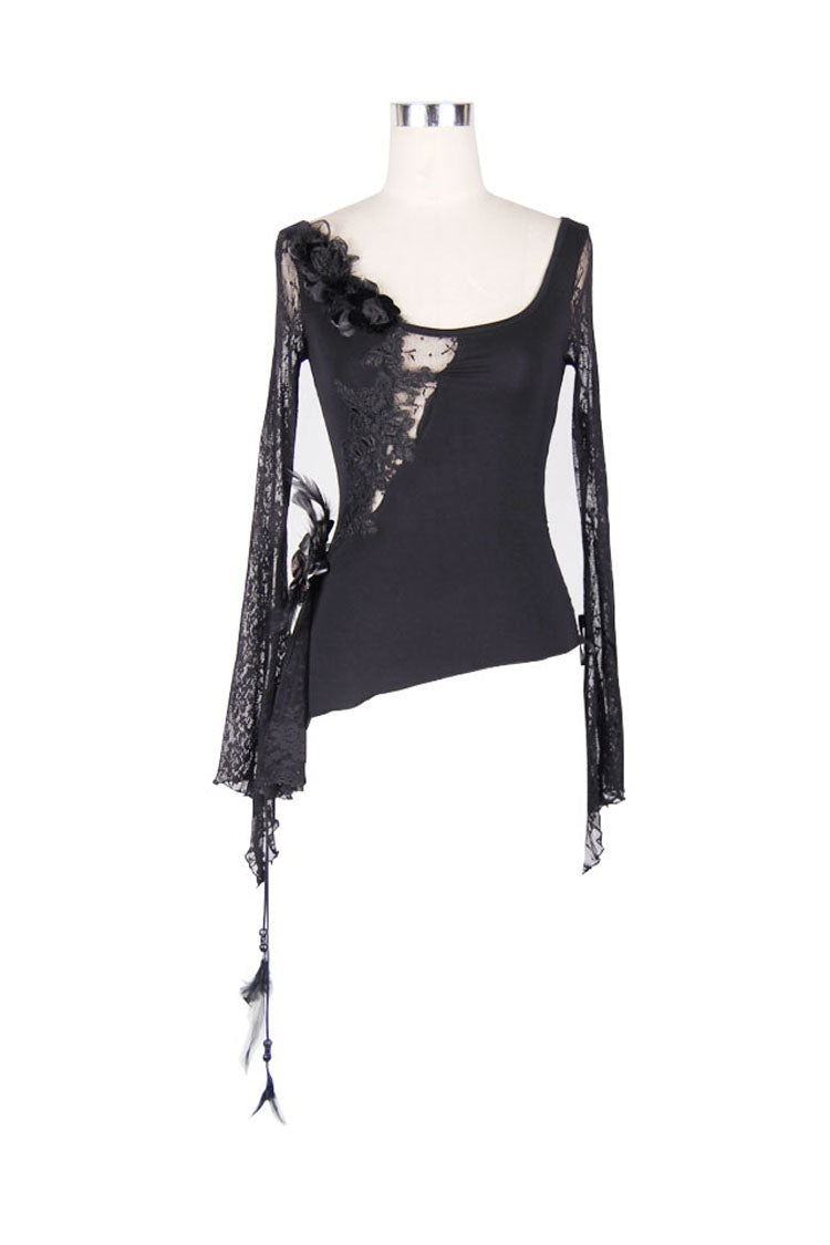 Black Front Chest Rose Decoration Flare Sleeve Irregular Lace Hem Knit Women's Gothic T-Shirt