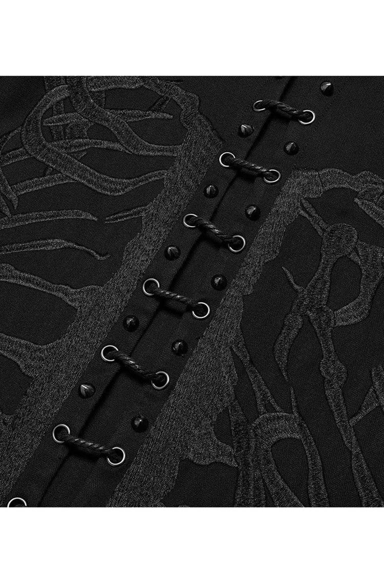 Black Punk Stand Collar Skeleton Embroidery Frenulum Metal Rivet Zippe Slim Fit Mid Length Men's Coat