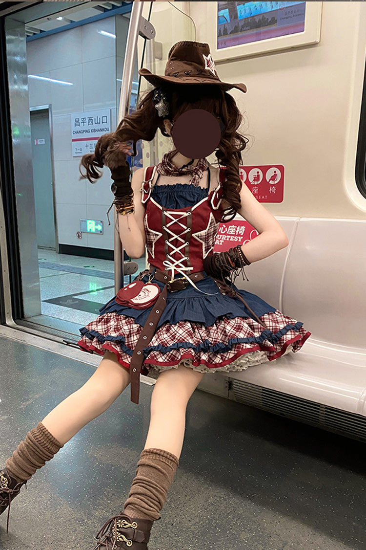 Red/Blue [Apple Trap] Triple-Layered Print Ruffle Lace-Up Sweet Lolita Jsk Dress Two-piece Set