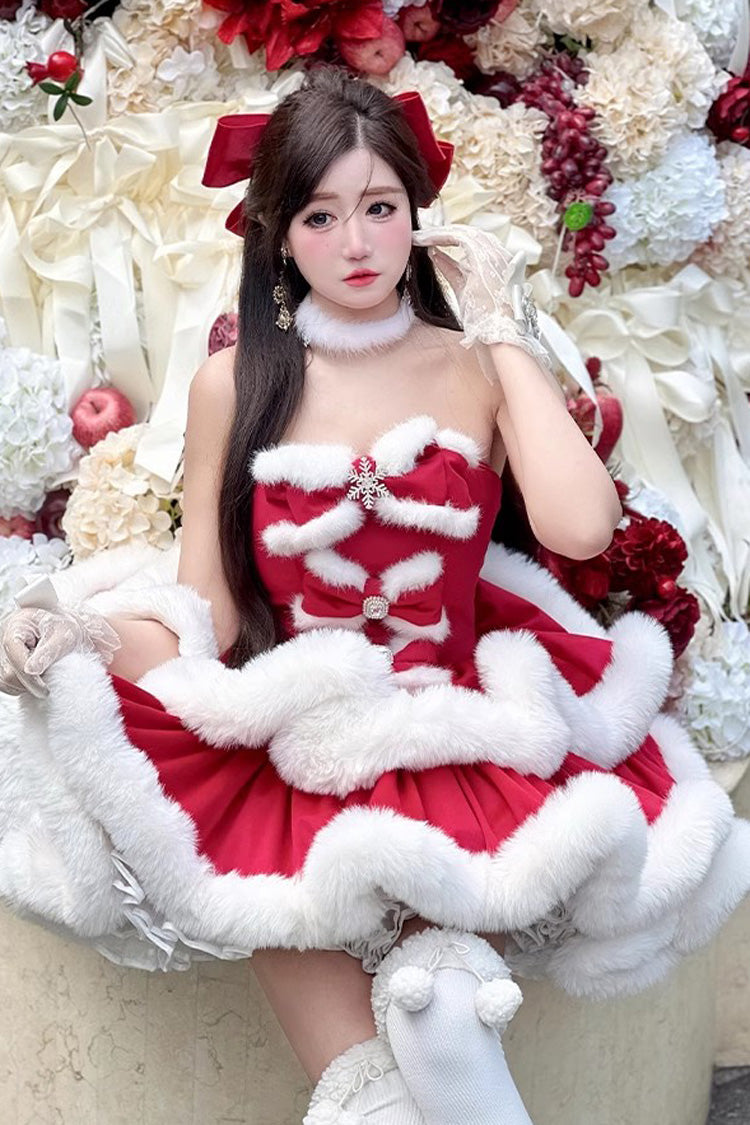 Red [Holiday] Double-Layered Bowknot Sweet Princess Lolita Strapless Dress