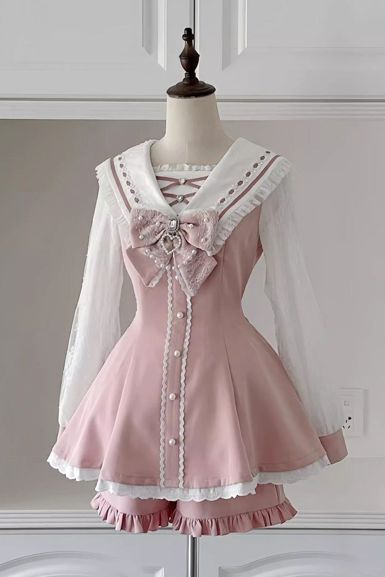 Sweet Long Sleeves Print Bowknot Jirai Kei Japanese Dress Set 3 Colors