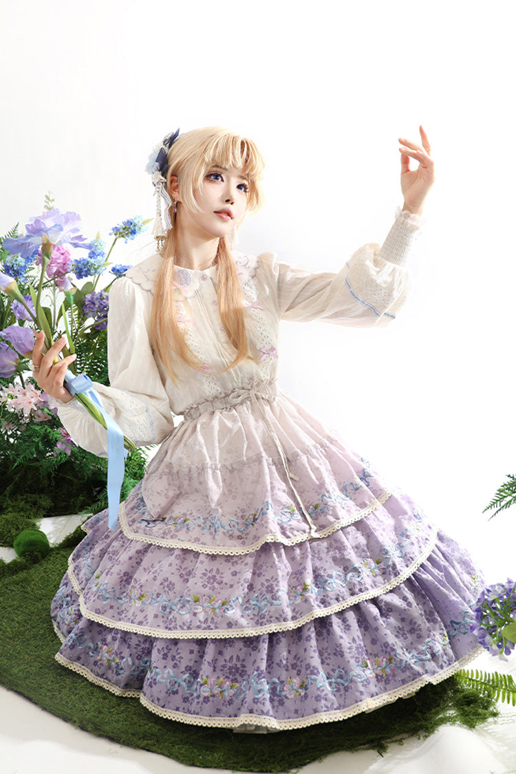 Purple [Moonlight Iris] Triple-Layered Print Ruffle Embroidery Lace Sweet Lolita Skirt