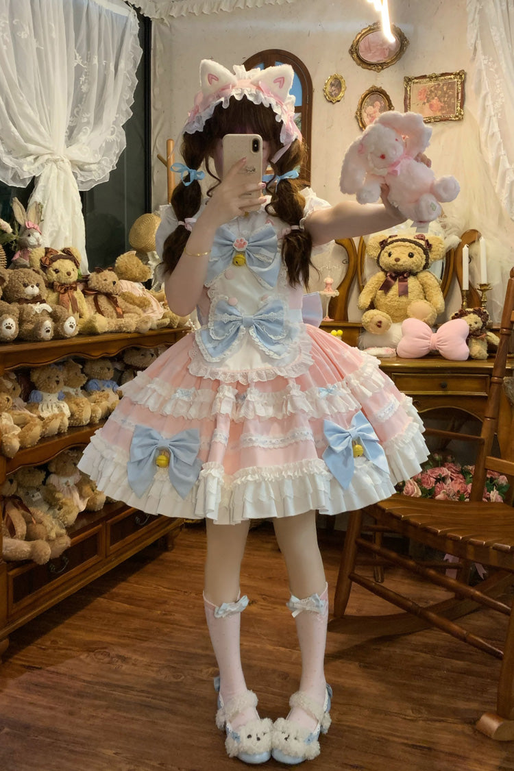 Pink [Meowling Sweet Maid] Sleeveless Multi-Layered Ruffle Bowknot Lace Sweet Princess Lolita Jsk Dress