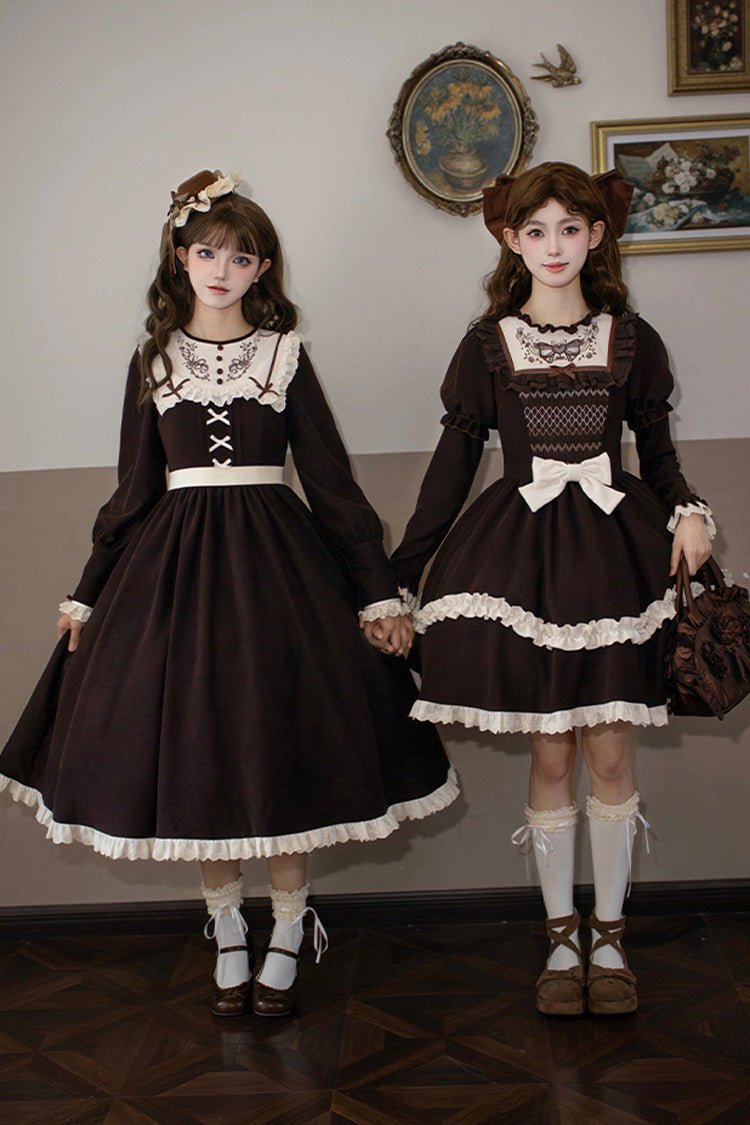 Brown [Miss Brown] Long Sleeves Ruffle Bouquet Embroidery Sweet Lolita Dress (Long Version)