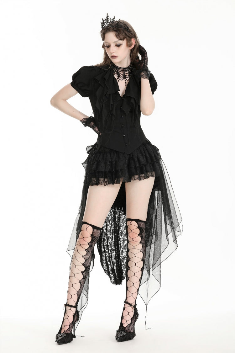 Chemisier gothique noir multicouche à col en V profond plissé manches courtes bouffantes à lacets